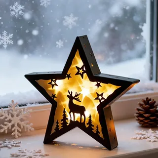 Sziqiqi Led Stern Stehend Weihnachtsdeko: Schwarz Weihnachtsstern Beleuchtet Modern mit Rentier für Weihnachtsdeko Innen - 28cm Metall Stern Tischlampe für Adventsdeko Weihnachten Fensterbank Tisch