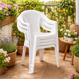 4x Outdoor Stapelstuhl Bistrostuhl Gartenstuhl Ischia Weiß Kunststoff - Weiß