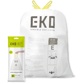 Eko Müllbeutel 25–35L, Reißfeste Müllsäcke mit praktischem Zugband, Größe E, Extra starke & dichte Mülltüten für Küchenmülleimer, 12 Stück, Weiß
