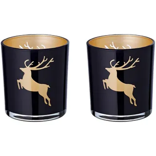 EDZARD 2er Set Teelichtglas ELSA (Höhe 8 cm), Hirsch-Motiv, außen schwarz/innen Gold