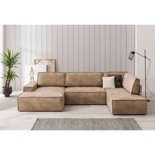 Home affaire Wohnlandschaft »SHERWOOD XXL 329 cm, U-Form, Schlafsofa,«, Schlaffunktion m. Bettkasten (194x139 cm), Cord, Vintage, Samtvelours, beige