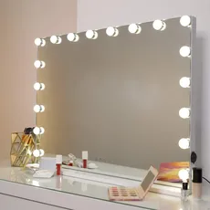 Dayu Hollywood-Stil 80x60 cm Tischspiegel Kosmetik Schminkspiegel mit 3 Farbe Licht, Beleuchteter Spiegel Kosmetikspiegel mit 18 dimmbaren LED-Lampen mit USB