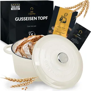 Gusseisen Topf Brot Backen 24 Cm, 3,5 L Schmortopf, Emailliert Zum Schmoren, und Braten, Brotbacktopf mit Deckel Induktion Bräter (Creme)