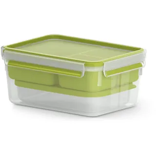 Emsa Clip & Go Lunchbox, 2,2 L, Brotdose mit 3 Einsätzen, 100 Prozent dicht, mit Frischedichtung, Transparent, Hellgrün, Made in Germany, N10716