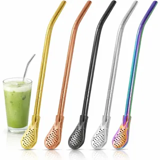 Soiftra 5PCS 18 cm Bombilla Mit Löffel Edelstahl Strohhalm Für Mate Tee Set Trinkhalme Edelstahl Für Yerba Mate