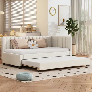 Flieks Polsterbett 90x200cm mit Lattenrost, Tagesbett Schlafsofa mit Ausziehbett, Einzelbett Gästebett Daybett Jugendbett Sofabett, Samt, Beige - Beige