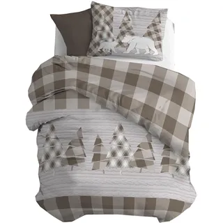 PENSIERI DELICATI Bettwäsche-Set für Einzelbett, Biber, 100% Baumwolle, 155 x 200 cm, Tasche und Kissenbezug 52 x 82 cm, hergestellt in Italien, maschinenwaschbar bei 40 Grad, Muster Kanada Beige