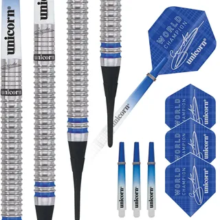 Unicorn Information System Unicorn Soft Tip Profi Dartpfeile Set | Gary 'The Flying Scotsman' Anderson Phase 3 World Champion | 90% natürliches Wolfram Barrels mit blauen Akzenten | 20g