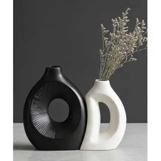 VASETOPIA Keramik Vasen 2 Stück, Minimalismus Stil Blumenvasen Home Decor für Wohnzimmer, Pampas Grass, Tisch (Schwarz/Weiß)