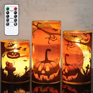 Eldnacele Halloween orange Glas flammenlose Kerzen mit Fernbedienung Timer, batteriebetriebene LED Halloween Kerzen flackernd für Heimdekoration Geschenk 3er Set(Kürbis Spinnennetz Muster)