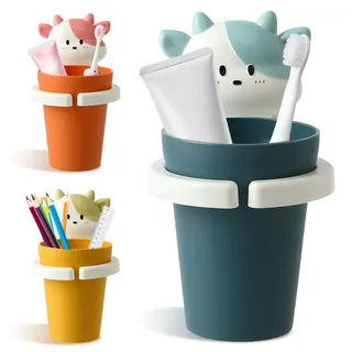 GD HUA 3 Stück Zahnputzbecher mit Zahnbürstenhalter, Zahnbürstenhalter für Kinder, Zahnputzbecher Kinder, ohne Bohren Zahnbürstenregal Aufbewahrungsbecher,Zahnbürstenbecher und Zahnbürstenhalter-Set