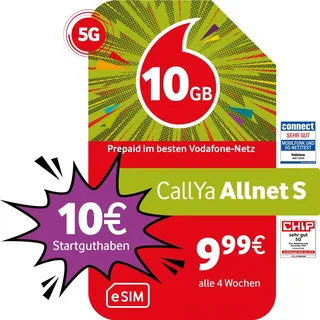 Vodafone Prepaid CallYa S eSIM | 10 GB | 10 EUR Startguthaben | ohne Vertrag | 5G-Netz | Telefon- SMS-Flat | EU-Roaming