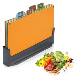 BEWOS 4 Farbcodierte Schneidebrett, Schneidebrett Kunststoff Set, Umkehrbares Schneidbrett Mit Ständer, Schneidebretter für Küchen mit Rutschfesten Füßen, Saftrillen & Spülmaschinenfest Chopping