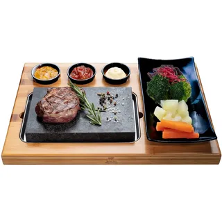 BEEFSTONE Heißer Stein Lavastein Steak-Brett Hot Stone Steingrill Set aus Bambusbrett Lavastone und Porzellan-Platte, Fleisch, Fisch grillen auf heißem Stein (Uno Black)