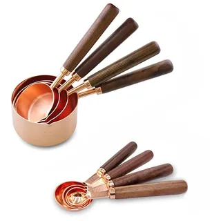 Alnicov Messbecher & Messlöffel 8-teiliges Set,rotgoldene Messlöffel mit Walnuss-Griff für die Küche für zum Abmessen verschiedenster Zutatenmengen Für Küche,Kochen,Backen