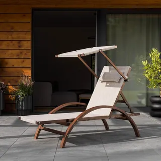 di volio Sonnenliege SPELIO – ergonomische Liege aus Lärchenholz mit Sonnendach und Kissen, wetterfester Liegestuhl für Garten (Beige) - Beige