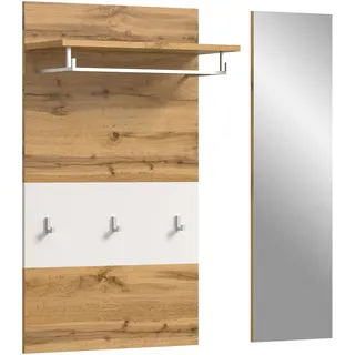 xonox.home - Paneel mit Spiegel Jam 90x106x27 cm in Wotan Eiche und weiß - Eingangsbereich Garderobenschrank Dielenmöbel Flurmöbel - stabile Konstruktion robust und langlebig funktional