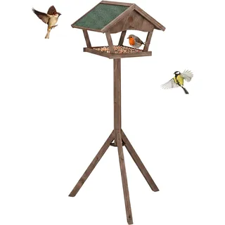 Relaxdays Vogelfutterhaus mit Ständer, 137 cm hoch, wetterfestes Dach, Garten & Balkon, Vogelhaus, Tannenholz, braun