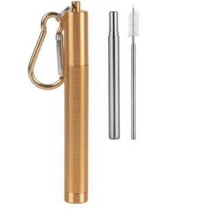 Wiederverwendbares, einziehbares Edelstahl-Trinkhalm-Set (Trinkhalm mit goldfarbenem Aluminiumgehäuse + Bürsten-Karabiner) - Gold, Silber