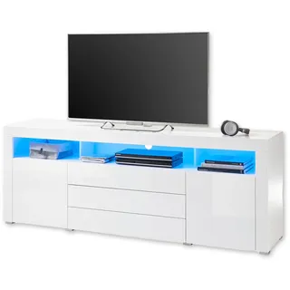 Stella Trading TV-Lowboard in Weiß, Weiß Hochglanz mit blauer LED-Beleuchtung - TV Schrank mit viel Stauraum für Ihr Wohnzimmer - 200 x 74 x 44 cm (B/H/T)