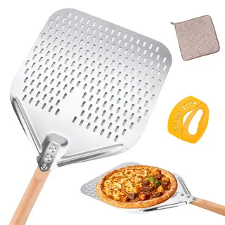 BBWELL Pizzaschieber Edelstahl Perforiert 12 Zoll, Abnehmbarer Holzgriff | 73cm Gesamtlänge — inklusive Pizzamesser, Ideal für Selbstgebackenes Pizzabrot, Pizzaschaufel mit Aufhängung