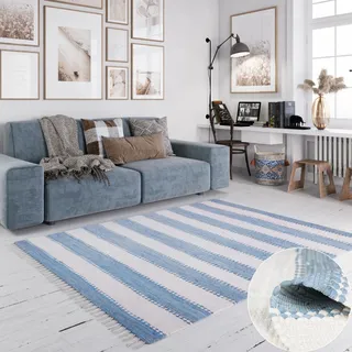 otto home Teppich OTTO HOME "Benja", blau (hellblau, weiß), B:160cm H:10mm L:230cm, Baumwolle, Polyester, Teppiche, Teppich, Handweb Teppich, gestreift, 90% Baumwolle, handgewebt, mit Fransen.