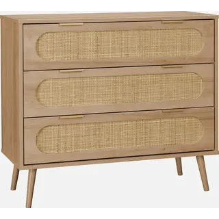 sweeek - Kommode mit Holzdekor und abgerundetem Rattan-Geflecht 3 Schubladen - Natur