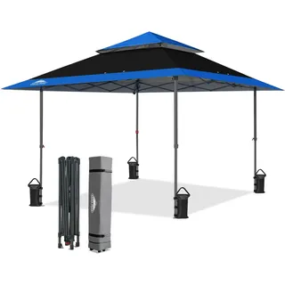 EAGLE PEAK Schräge Beine Faltbar Pavillon 4x4m Wasserdicht Camping Pop-up Faltpavillon mit Seitenteil, inkl. Rucksack, Blau/Schwarz