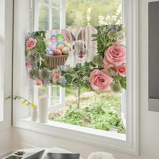 Treer Scheibengardine Küchengardinen Bistrogardine, 1 Stück Tierdrucke Gardinen, Kurz Vorhänge Modern Verdunklungsvorhänge, Transparent Vorhang Waschbar Curtains (Kaninchen und Rose,90 * 45cm)