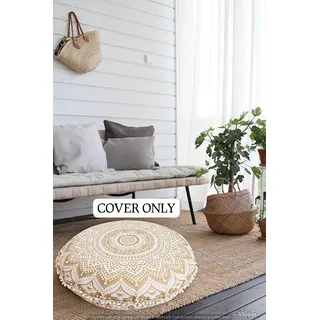 Ganesham Rundes Dekokissen im indischen Boho-Stil, Mandala, Tapisserie, Hippie, Rund, Sitzhocker, Ottoman, Mandala-Bodenkissen, 81 x 81 cm 80 cm weißgold