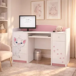Happy Babies Kinderschreibtisch 125x89x60 PC-Tisch für Kinderzimmer mit Tastaturablage Decorativer Computertisch weiß Rosa Muster Kätzchen - Weiß