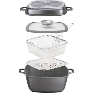 STONELINE Aluguss Bräter Induktion 28 cm 7,1 L Set 5-teilig Eckiger Bräter mit Deckel Frittierkorb Dampf-Einsatz, Schmortopf Backofen Auflaufform Backform Antihaftbeschichtet mit echten Steinpartikeln