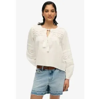Superdry für Damen. W6012022A Weiße Ibiza-Spitzenbluse (L), Lässig, Baumwolle, Langarm