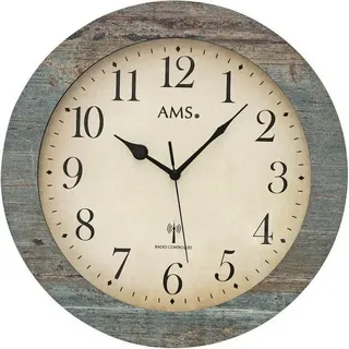 AMS Funk-Wanduhr Holz/ Glas blau-grau strukturiert - Dunkelgrau