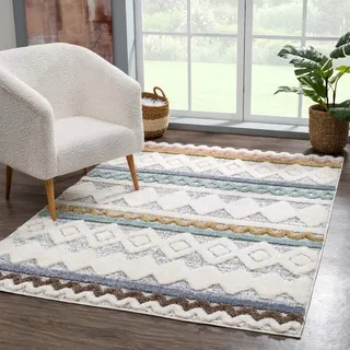 Hochflor-Teppich CARPET CITY "Focus 3013", bunt (mehrfarbig), B:140cm H:20mm L:200cm, Polypropylen, Teppiche, Hochflor-Teppich, Läufer, Boho, Hochtief-Muster/ 3D-Effekt, für Wohnzimmer, Schlafzimmer
