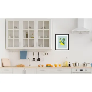 Bild mit Rahmen QUEENCE "oder Poster, Lemon - Zitronenzweig", bunt (farbe rahmen: schwarz, farbe bild(er): grün, blau, gelb), B:40cm H:50cm, Acrylglas, Holz, Papier, Bilder, Bild mit Rahmen, HD Premium Druck