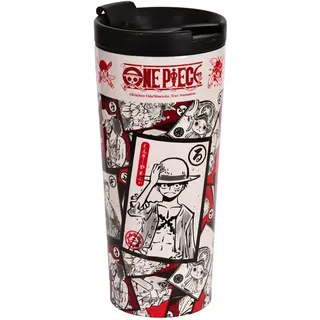 Elbenwald One Piece Thermobecher - 425 ml - Coffee-To-Go-Becher aus Edelstahl mit Schraubverschluss und verschließbarer Trinköffnung (19 cm Höhe) - Weiß/Rot mit Luffy Motiv