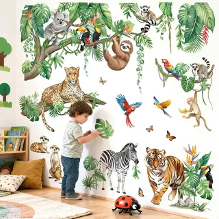 decalmile Wandsticker XXL Safari Tiere Kinderzimmer Wandtattoo Dschungel Tiere Hängende Grüne Tropische Blätter Wandaufkleber Junge Babyzimmer kinderzimmer Wanddeko