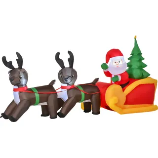 Homcom LED Figur Motiv Weihnachtsmann mit Schlitten und Rentieren Schneemann Weihnachten aufblasbar L230 x B60 x H120 cm, IP 44, warm weiß