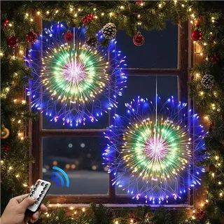 2x 200 LED Leuchtkugel Lichterkette Batterie, DIY hängende Feuerwerk Lichter, 8 Modi, mit Fernbedienung, Innen Party Hochzeit Fenster Weihnachten Deko - Bunt