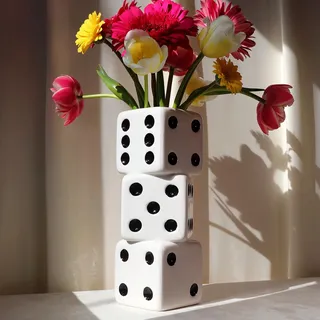 Reimagine Discovery Vase mit DREI Würfeln, weißer Körper und Schwarze Punkte