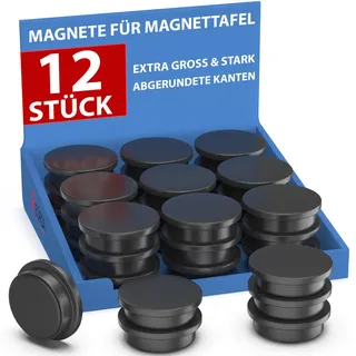 REORDA® Magnete für Magnettafel stark - 12x für Whiteboard, Pinnwand, als Kühlschrank Magnete & Tafelmagnete stark haftend, Magnete rund - Schwarz