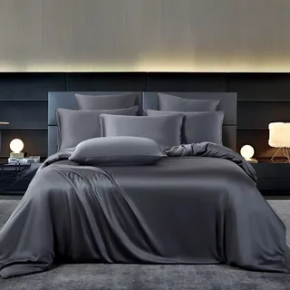 YASMENG Bambus Bettwäsche 155x220 Grau Uni Einfarbig 50% Bambus Lyocell Bettwäsche Kühlend Weich Atmungsaktiv Luxus Seidig Seide Bettbezug Set 3 Teilig mit Reißverschluss und 2 Kissenbezüge 80x80 cm