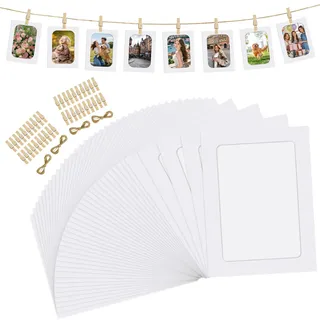40 Stück Fotogirlande, Papier Bilderrahmen mit Klammern und Leine | Fotoleine mit Klammern, Foto Girlande, Fotos Aufhängen zum Aufhängen für Geburtstage Hochzeiten Wanddekoration (Weiß)