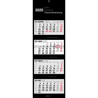 Alpha Edition - 4-Monatskalender Black 2025 Bürokalender, 33x20cm(33x100cm geöffnet), Kalender mit Jahresübersicht, Datumsschieber, faltbar, 4 Monate auf einen Blick und internationales Kalendarium