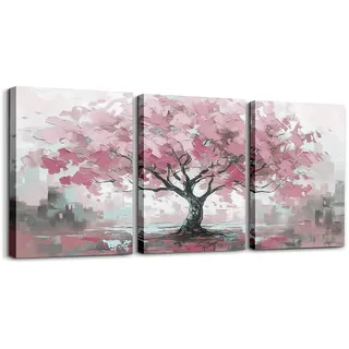 Loussiesd Baum des Lifs 3er Poster Set für Wohnzimmer Botanisches Bild Leinwandbilder Natürliches Thema Büro Wandbilder Rosa Grau Deko Bilder
