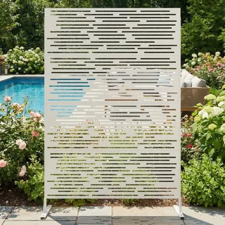 Sichtschutz Metall, Freistehender Paravent 180x120 cm, Wetterfester Sichtschutz Für Garten Terrasse Balkon Outdoor Deko, Raumteiler Mit Ständer, Verzinkter Stahl, Streifen Weiß