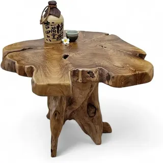 Massivholz Couchtisch ALOR Setar - ? 65-70cm - Holz Beistelltisch aus massivem Teak in rustikaler Optik, mit Tischplatte aus Wurzelholz Baumscheibe (50 x 65-70cm) - Braun