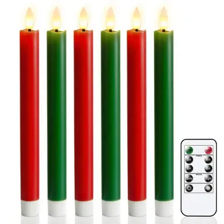 Eldnacele LED Stabkerzen mit Timerfunktion & Fernbedienung, 6er Set Flammenlose Weihnachtliche Stabkerzen, Batteriebetriebene LED Tafelkerzen in Rot & Grün für Weihnachtsdekoration