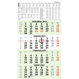 Zettler - 4-Monatskalender Recycling 2025, 33x58,8cm, Bürokalender mit Jahresübersicht, Blauer Engel, Datumsschieber, faltbar, 4 Monate auf einen Blick, Feiertage DE und deutsches Kalendarium